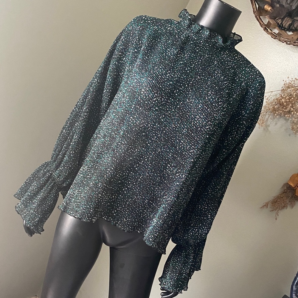Zara Black & Green Speckled Sheer Blouse with Ruffle Cuffs - Picture 3 of 14